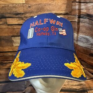 Halfway Co-Op Gin Hat Cap Adjustable H & L Strap Blue Cotton Bale USA Flag Texas